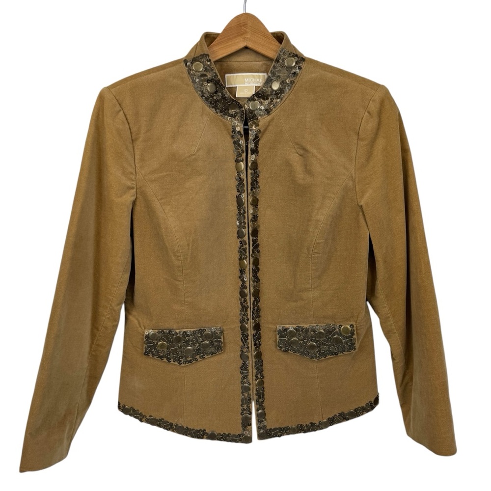 Michael Kors velvet tan tailored blazer metallic sequins & stand collar NWOT 10 - Picture 3 of 16